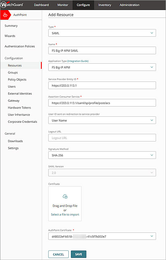 Screenshot of WGC, Add AuthPoint RADIUS Resource